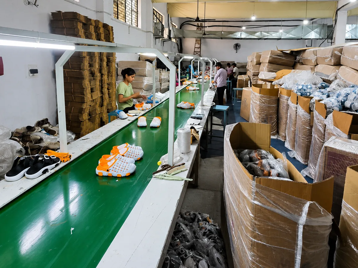Finished EVA clogs on the Slideez production line in Narela, Delhi